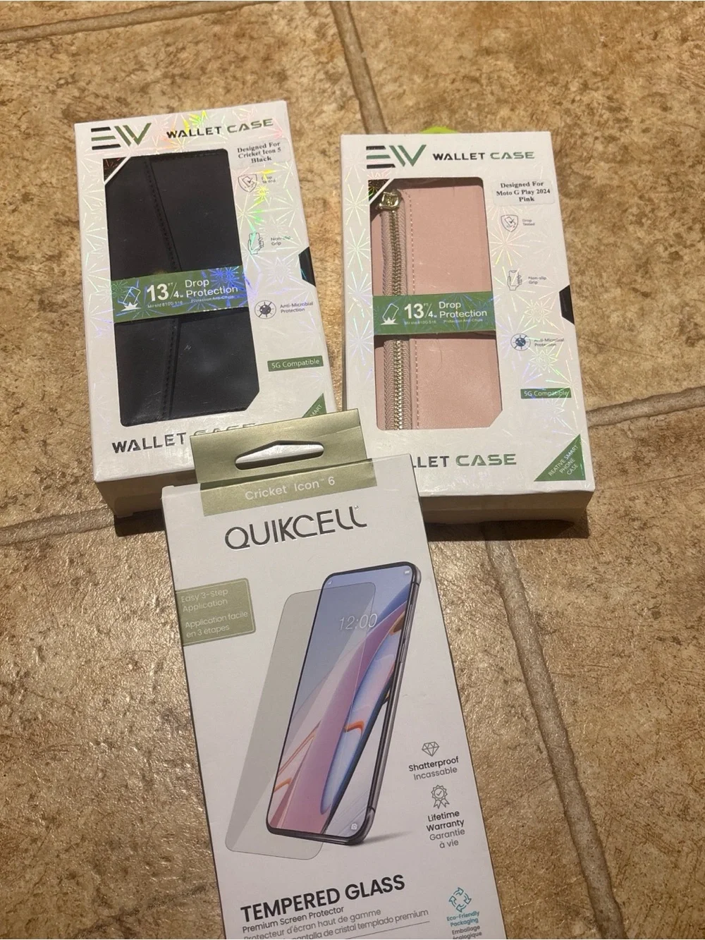 Tempered Glass Screen Protector for Cricket Icon 6 with Black & Pink Wallet
